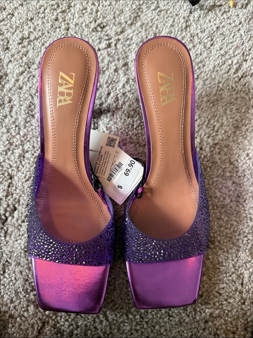 Zara Metallic Purple Slide Mules with Crystal-Embellished Strap